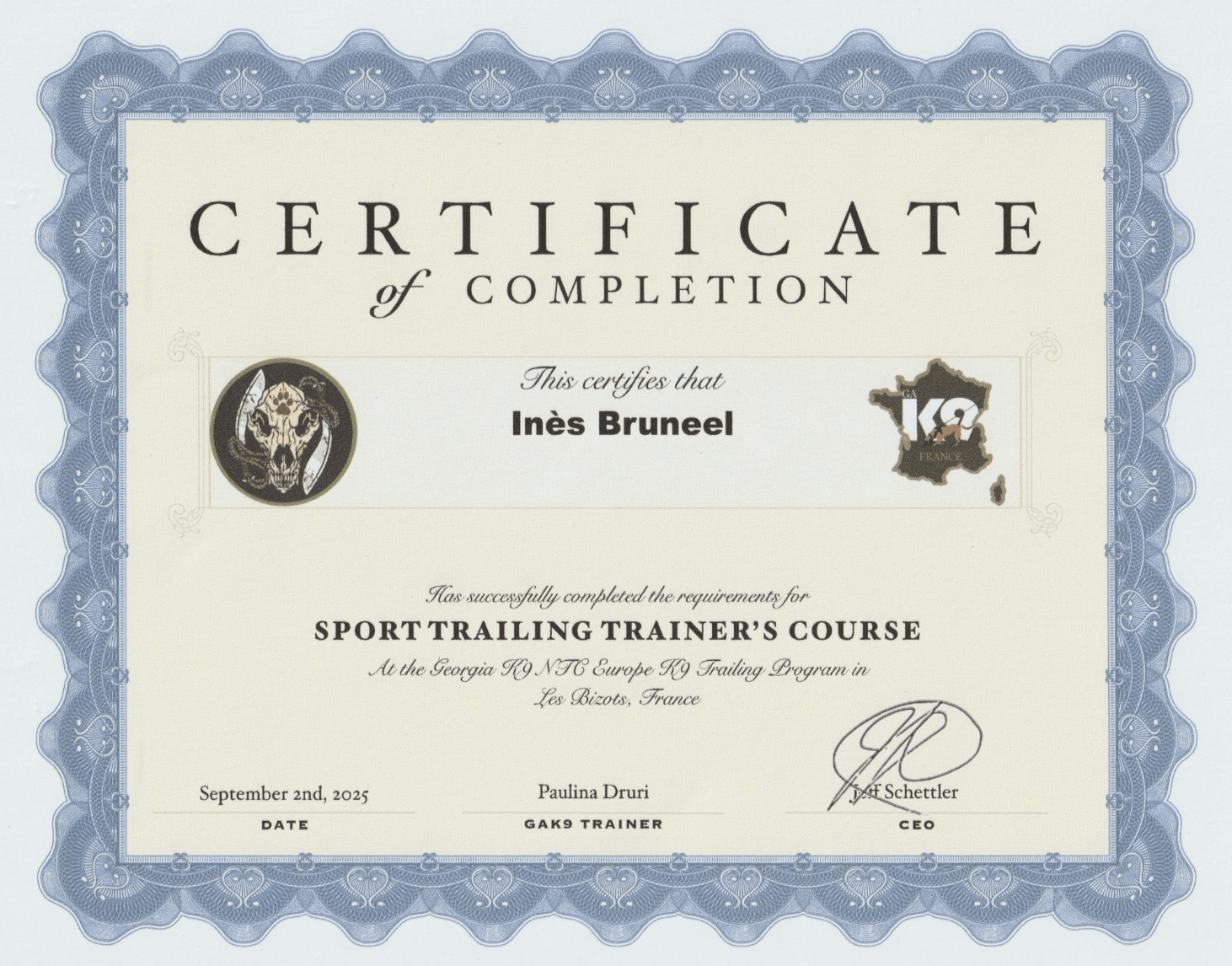Certificat monitrice mantrailing Inès BRUNEEL